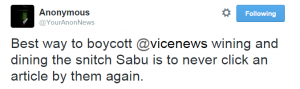 Today a Vice owned and operated "Anonymous" brand twitter account perversely called for a boycott of Vice